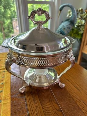 Vintage Raised Silver Serving Casserole Dish with Cover and Glass Insert VGUC